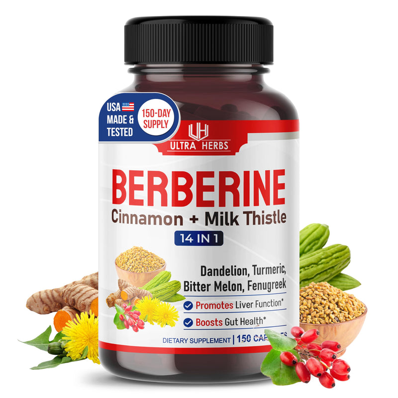 Premium Berberine with Cinnamon, Milk Thistle *USA Made & Test* Promotes Liver Function, Gut Health, Immunity (150 Count (Pack of 1)) 5-Month Supply (Pack of 1)