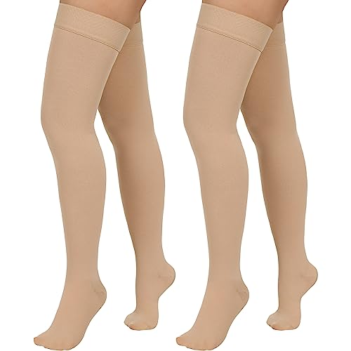 2 Pairs Compression Stockings for Women & Men,20-30mmHg Thigh High Compression Socks,Closed Toe Medical Compression Socks with Silicone Dot Band-Best Support for Nursing Sports Varicose Veins Closed Toe--beige Medium
