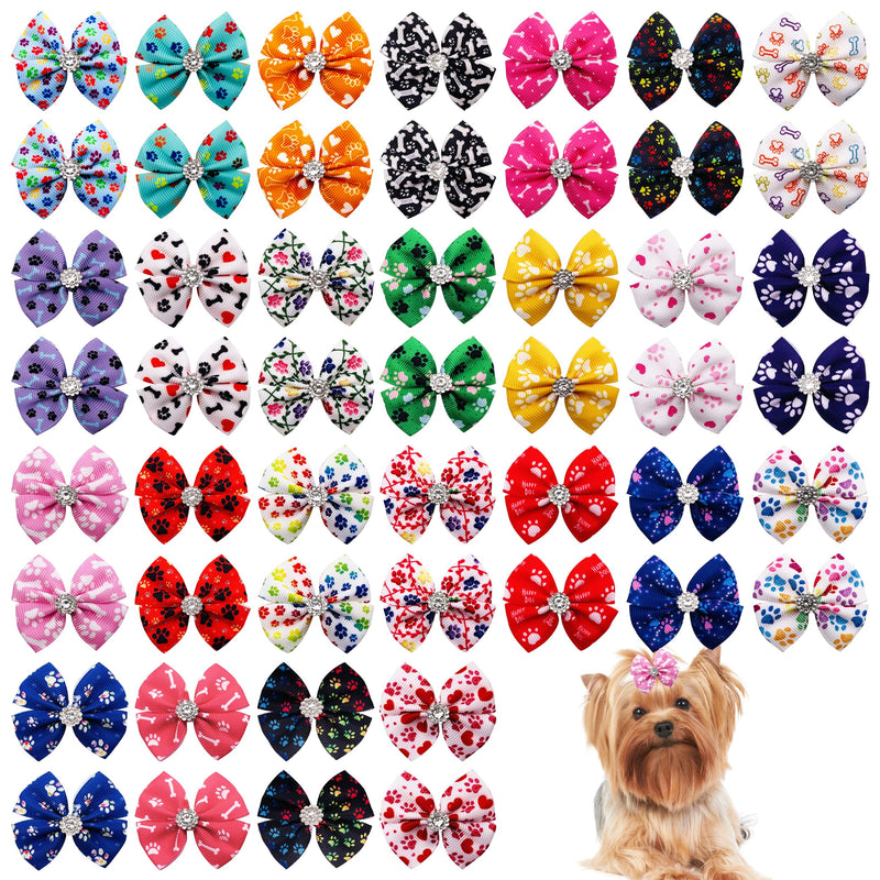 PET SHOW 50Pcs/25Pairs Paw Pattern Small Dog Hair Bows Bulk with Rubber Bands for Medium Dogs Cats Puppy Shih tzu Rhinestone Bowknot Topknot Yorkies Rabbits Girl Boy Pet Grooming Hair Accessories 50PCS with rubber bands - BeesActive Australia