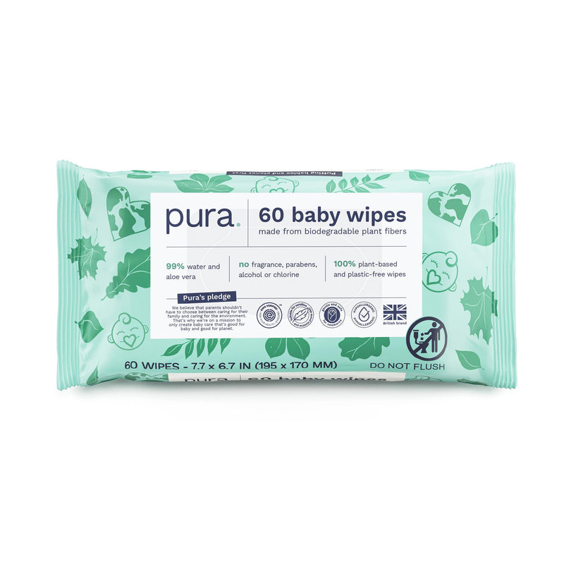 Pura Baby Wipes - 100% Plastic-Free & Plant Based Wipes, 99% Water, Suitable for Sensitive & Eczema-prone Skin, Fragrance Free & Hypoallergenic, Cruelty Free, EWG Verified, 1 Pack of 60 Wet Wipes 60 Count (Pack of 1) - BeesActive Australia