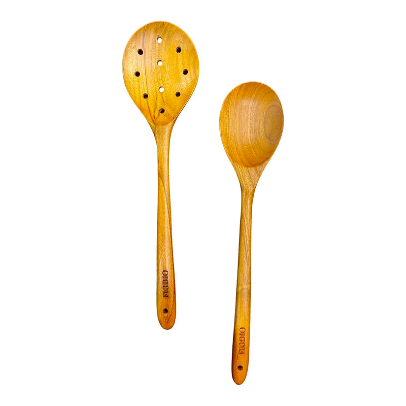 2 Pcs 13.5 Inch Teak Wooden Spoon - Mixing Slooted Spoon Heat Resistant Healthy Cooking Tools Handcrafted by Fiodio Home (Spoon & Round Slotted) Spoon & Round Slotted - BeesActive Australia