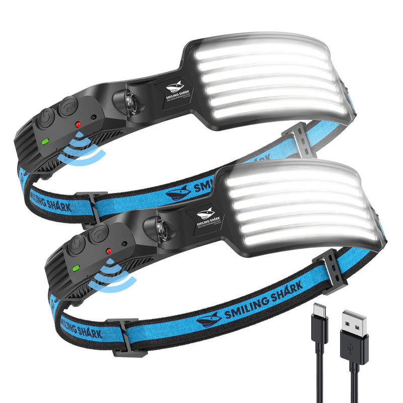 Smiling Shark Rechargeable Headlamp, 2 Pack Wide Angle 6*White Light The Brightest LED Head Lamp with Motion Sensor Waterproof Headlight for Camping Hiking Outdoor, Head-Light-LED-Lamp-Rechargeable White