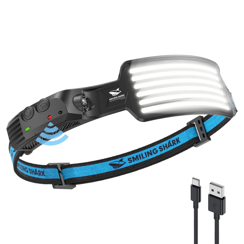 Smiling Shark Rechargeable Headlamp, 230°Wide Angle 6*White Light The Brightest LED Head Lamp with Motion Sensor Waterproof Headlight for Camping Hiking Outdoor, Head-Lamp-LED-Frontale-Rechargeable White