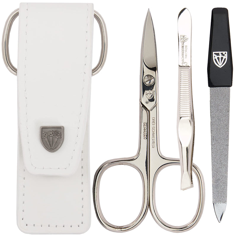 3 Swords Germany - brand quality 3 piece manicure pedicure grooming kit set for professional nail care scissors file genuine leather case in gift box, Made in Solingen Germany WHITE - BeesActive Australia