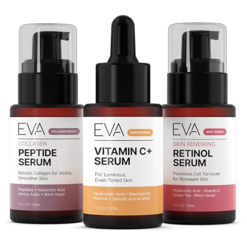 Eva Naturals Trifecta Face Serum Set – Retinol, Vitamin C & Peptides with Hyaluronic Acid & Niacinamide – Anti-Aging Skincare Bundle for Women – Collagen Boosting, Wrinkle & Spot Treatment Trio 1 Fl Oz (Pack of 3)