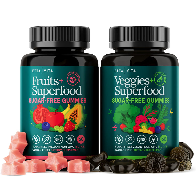 Sugar-Free Fruits and Veggies Gummies with Vitamins & Minerals (120 Chews) | Nutrient rich super greens gummies as digestive & probiotic blend for antioxidant & energy support, vegan, gluten-free, USA