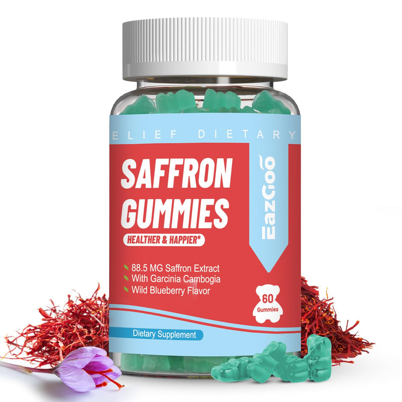Saffron Supplements Gummies, Saffron Extract, Vegan - 60 Gummies | for Positive Mood & Calm Nerve, Boost Energy, with Garcinia Cambogia, Vitamin A, B12, Rhodiola Rosea 60 Count (Pack of 1)