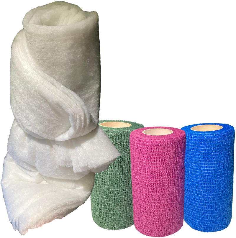 Horse Leg Wrap Cotton Sheets BB Satin Star Set with (12) 36" x 30" Sheets (Six Double Layers) and (3) Cohesive Elastic Wraps 4" x 5yd (Three Colors) - Hunter Green, Purple & Blue - Horse First Aid Kit - BeesActive Australia