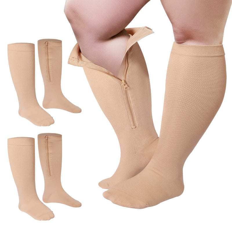 Hillban 2 Pair Zipper Compression Socks 4X-Large Beige