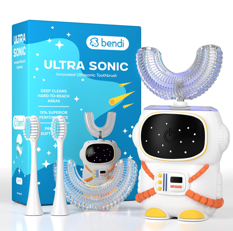 Sensory 360 Round U-Shaped Astronaut Design Mouthguard Electric Toothbrush for Kids Ages 2-7 - Automatic Memory Function - 5 Modes Toothbrush with Multiple Heads – Kids Travel Essentials (White) White