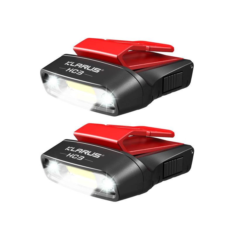 klarus HC3 2pcs Rechargeable Motion Sensor Cap Visor Light - 100 Lumens COB LED Clip on Hat Light - Headlamp Flashlight with Red Light for Fishing Running Camping Reading Black Red 2Pcs