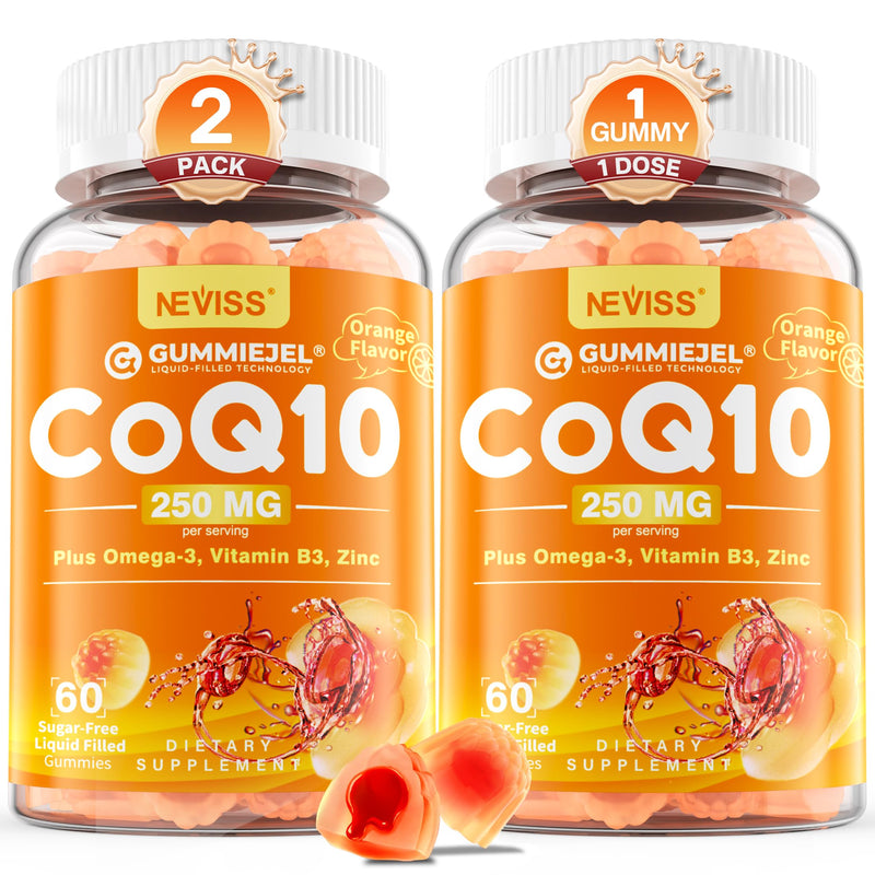 Sugar-Free CoQ10-250mg Filled Gummies Plus Omega-3, Zinc & B3, 2-Pack | 5x Absorption, Coenzyme Q10 Supplements for Hear-t Health, Cellular Energy & Antioxidant Support, 250mg CoQ10 per Gummy 60 Count (Pack of 2)