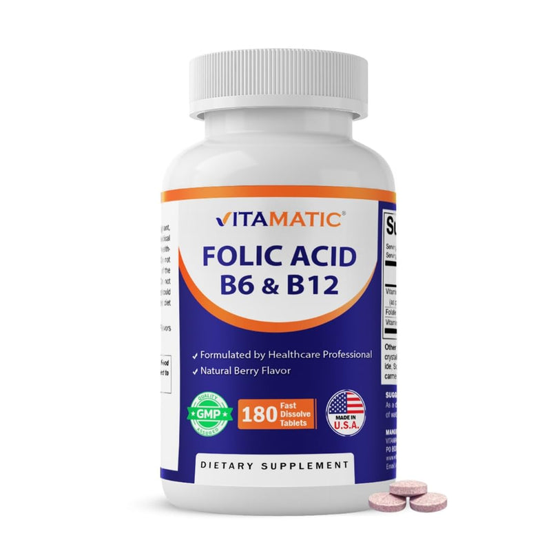 Vitamatic Folic Acid, Vitamin B12 & B6 – 180 Fast Dissolve Tablets Heart Health, Energy Production & Red Blood Cell Support 180 Count (Pack of 1)