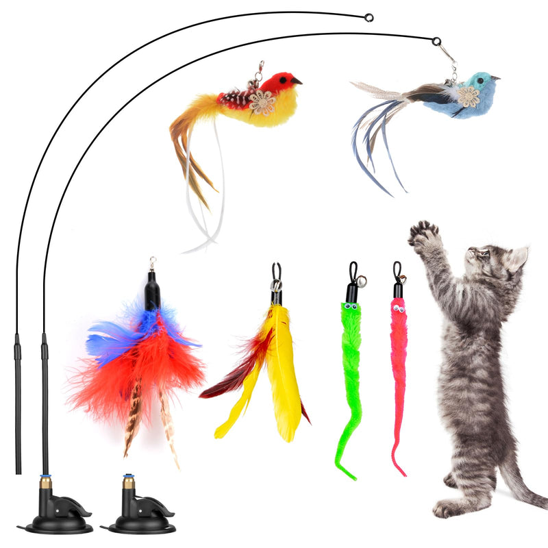 Cat Feather Toys, 10PCS Cat Toys with Super Suction Cup, Detachable 2PCS Cat Wand Toys & 6PCS Replacement Teaser Refills with Bell, Interactive Cat Toy for Indoor Cats Kitten Play Exercise Set B - BeesActive Australia