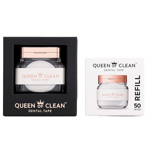 Queen of Clean Dispenser: Includes 2 x 54 Yard Roll of White Dental Floss Tape – Easy, Comfortable, Fun & Effective Flossing, PFAS-Free, Vegan-Friendly, Fresh Mint Flavour. Seriously Good Floss