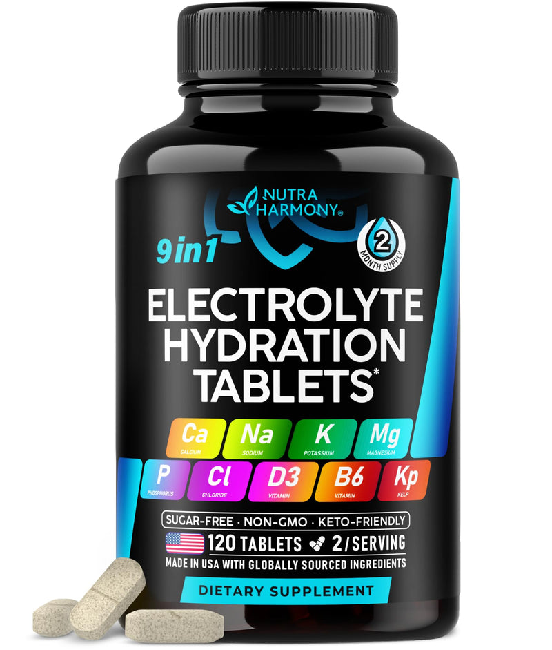 Electrolyte Tablets with Magnesium, Sodium, Potassium, Chloride - 120 Tabs | Electrolytes Salt Pills with Kelp Powder, Vitamins D3 & B6 - Vegan & Keto Friendly Oral Tablets as Capsules - Lab Tested 120 Count (Pack of 1)
