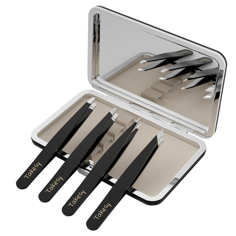 Hair Plucker Remover Tweezer with Mirror Case Travel, Stainless Steel Tweezers for Men for Chin Hair, Facial Hair Eyebrow Ingrown Hair Removal Kit (Black) Black - BeesActive Australia