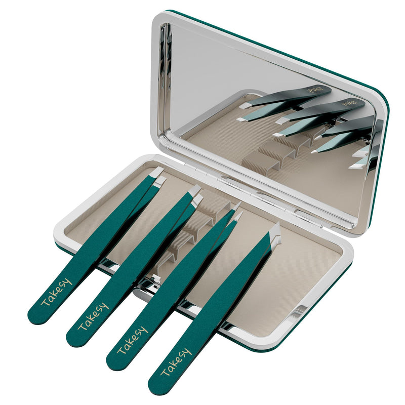 Takesy Professional Tweezers for Women Facial Hair Chin and Ingrown Hair, Travel Size Eyebrow Plucker Tweezers Set with Leather Mirror Case (Forest Green) Forest Green - BeesActive Australia