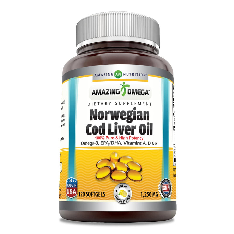 Amazing Omega Norwegian Cod Liver Oil 1250 Mg Softgels Supplement | Omega-3, EPA, DHA, Vitamin A, Vitamin D & Vitamin E (Lemon | 120 Count) Lemon | 120 Count