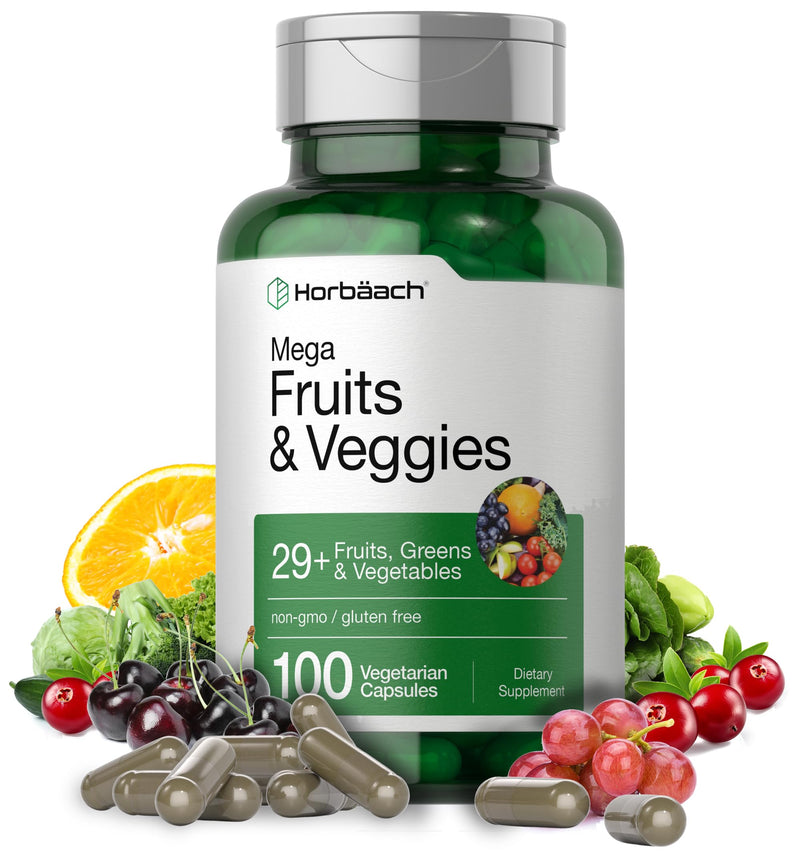 Horbäach Mega Fruits and Veggies Supplement | 100 Capsules | Vegetarian, Non-GMO and Gluten Free