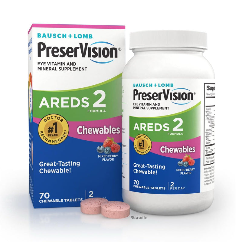 PreserVision AREDS 2 Chewable, Eye Vitamins, Mixed Berry, 70 Tablets | AREDS 2 Formula, Lutein & Zeaxanthin, Macular Support* Vitamins, Vitamin C, E, Zinc, copper, #1 Eye Doctor recommended brand1 70 Count (Pack of 1)