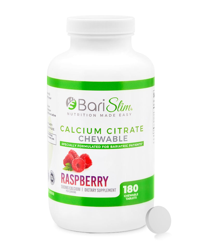 BariSlim Bariatric Calcium Citrate with Magnesium Citrate & Vitamin D Chewable Tabs - 500mg Calcium Citrate - Formulated for Post Weight Loss Surgery - Supports Bone Health | Raspberry | 180 Tabs