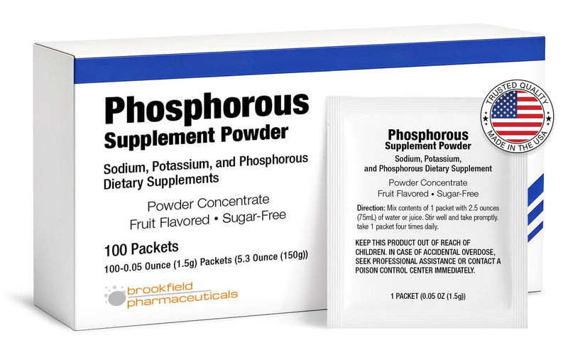 Phosphorus Supplements 100 Packets, Dietary Supplements Powder with Sodium Phosphate and Potassium Phosphate, Fruit Flavored Phosphorous Supplement Powder for Electrolyte, Bone Health & Kidney Health