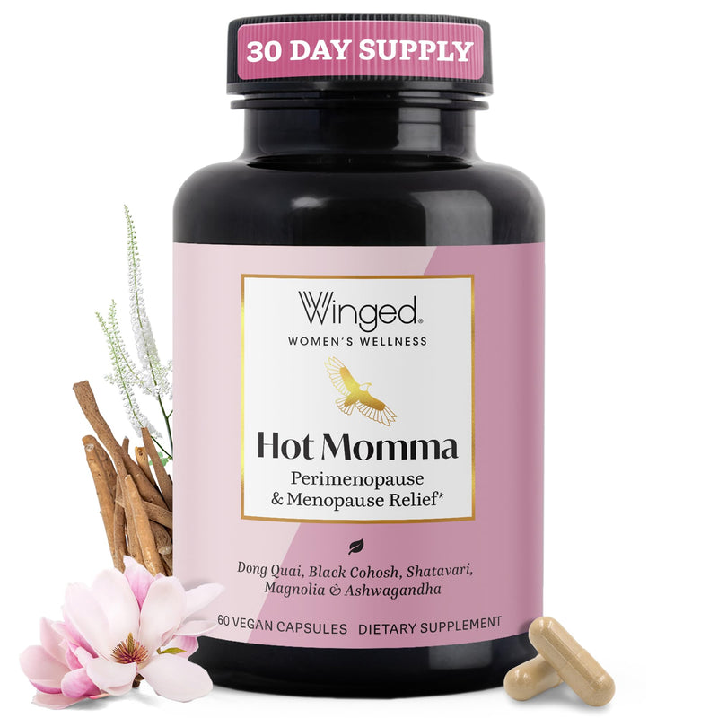 Winged Wellness Hot Momma Menopause Supplements for Women - Hormone-Free Menopause Relief Support for Hot Flashes & Night Sweats with Chaste Tree Berry, Multivitamins & More - 60 Vegan Capsules 30 Count (Pack of 1) - BeesActive Australia