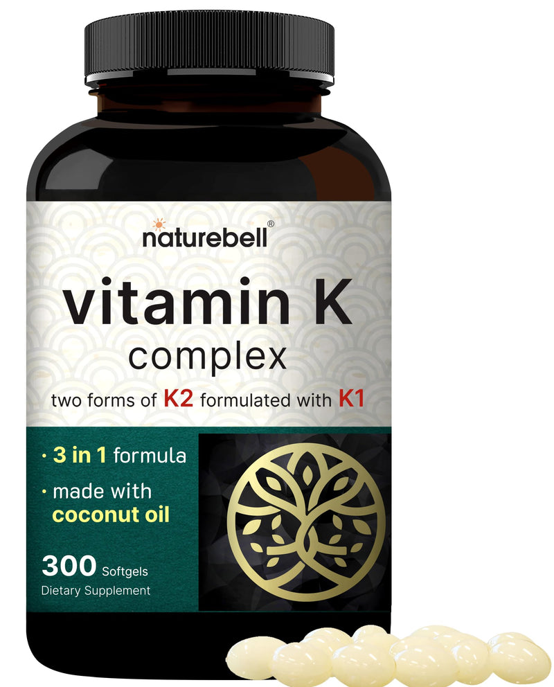 NatureBell Vitamin K Complex, K1 + K2 (MK-7 & MK-4) 2,600mcg Per Serving, 300 Coconut Oil Softgels | Max Absorption – Full Spectrum K Vitamins Supplement | Heart & Bone Support | Non-GMO 300 Count (Pack of 1) - BeesActive Australia