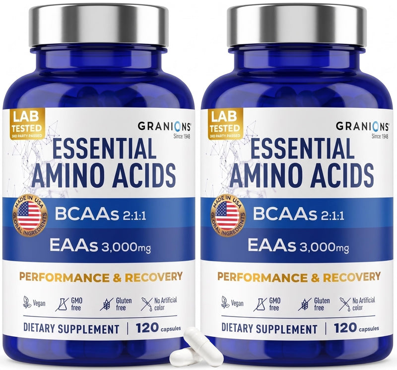 Essential Amino Acids Supplement for Men & Women - All 9 BCAAs EAA Supplements Formula - Leucine Amino Acid, Lysine, Tryptophan, Advanced Amino Energy & Muscle Recovery - 240 Vegan BCAA Capsules Amino (2x120 units)
