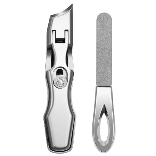 Ingrown Toenail Clippers with Wide Jaw Slanted Blades, Anti-Splash Safety Lock Ultra Sharp Toe Nail Clippers for Thick Nails for Seniors Men Adult Women, Comes with Metal File and Storage Case Silver Large