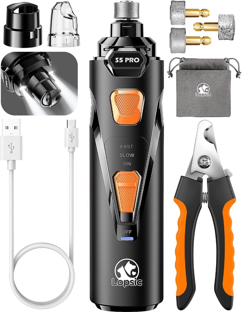 Whisper Quiet Dog Nail Grinder with 4 LED Lights, Safe & Stress-Free for Sensitive Dogs Cats of All Breeds & Sizes, 3 Grinding Bits, 3-Speed, Pet Nail Trimmers, Rechargeable Painless Grooming Kit Black