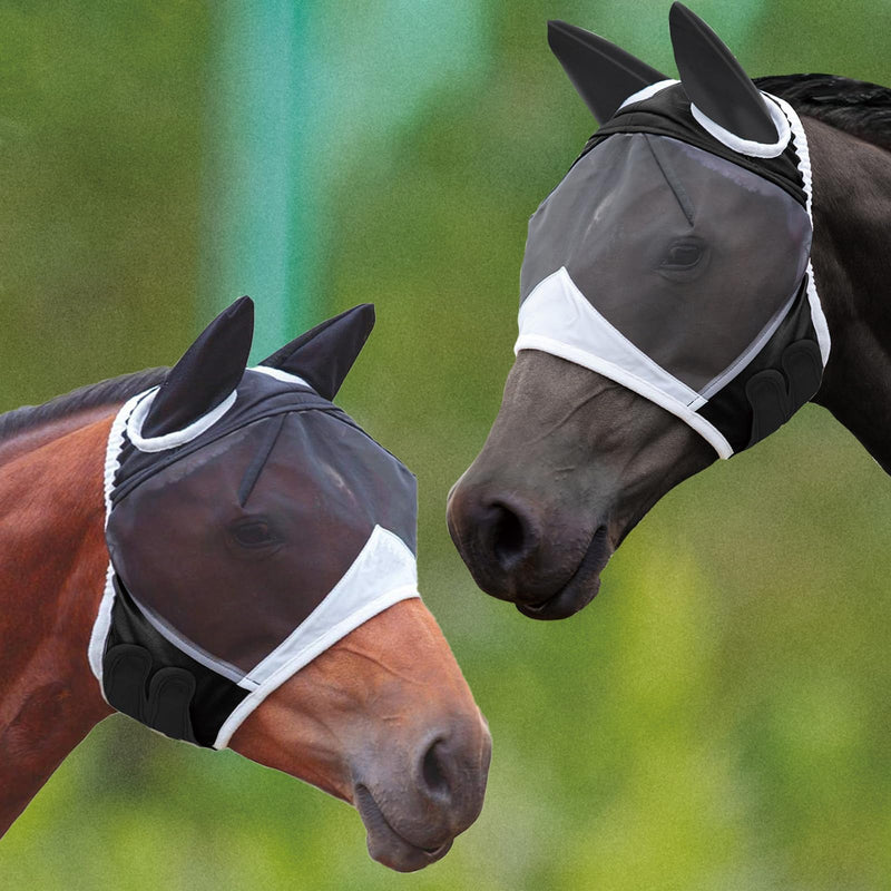 2pcs Fly Mask with Ears for Horses Soft Stretchy Mesh Horse Face Cover, Breathable Eye Protection Fly Masks UV Protective Horse Supplies (Black, L)