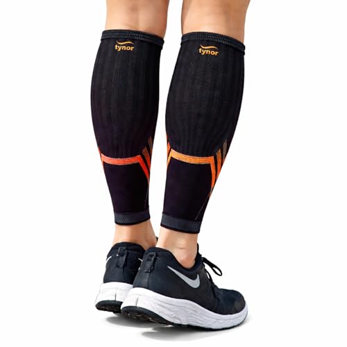 TYNOR Calf Compression Sleeves for Men and Women Calf Brace Adjustable Shin Splint Support - Lower Leg Compression Wrap for Shin Splints,Pain Relief, Circulation, Muscle Swelling, Small, 1 Pair Black & Orange S