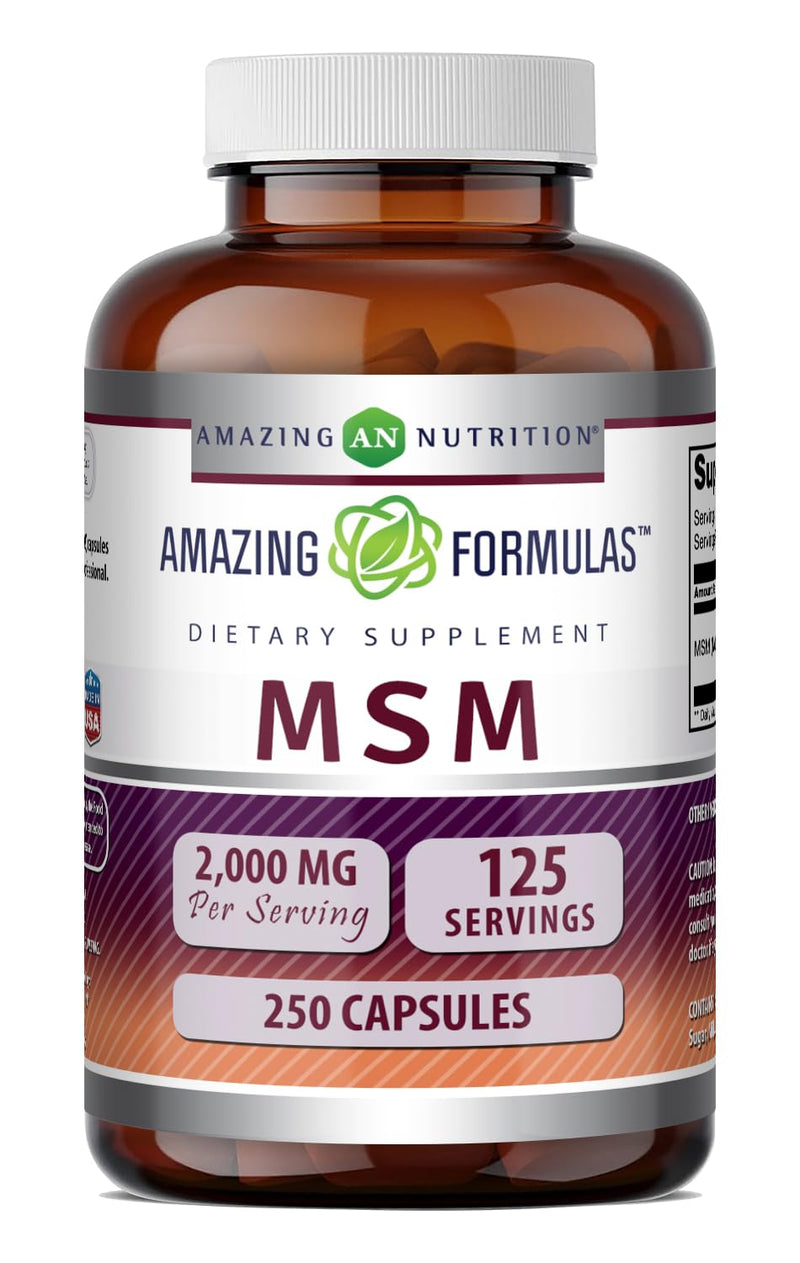 Amazing Formulas MSM (Methylsulfonylmethane) Supplement | 2000 Mg Per Serving | Capsules | Non-GMO | Gluten Free | Made in USA (250 Count | 1 Pack) Unflavored