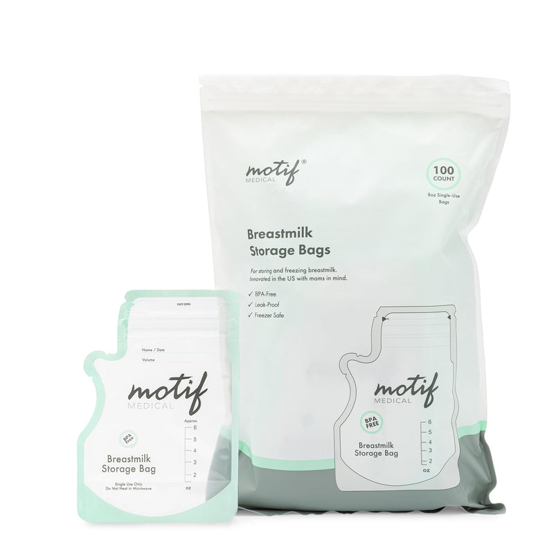 Motif Medical, Milk Storage Bags, 6 oz Milk Freezer Bag with Easy Pour Spout, BPA Free, Write-On Label - 100 Count 6 Ounce (Pack of 100) - BeesActive Australia