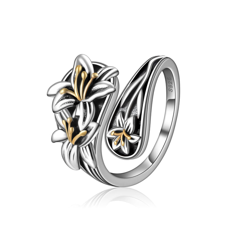 LINGBG JEWELRY Spoon Rings 925 Sterling Silver Rings Bee Sunflower Spoon Ring Sun Moon Star Daisy Celtic Knot Scarab Adjustable Spoon Open Ring Jewelry Gifts for Women 6# Lilies Spoon Rings - BeesActive Australia