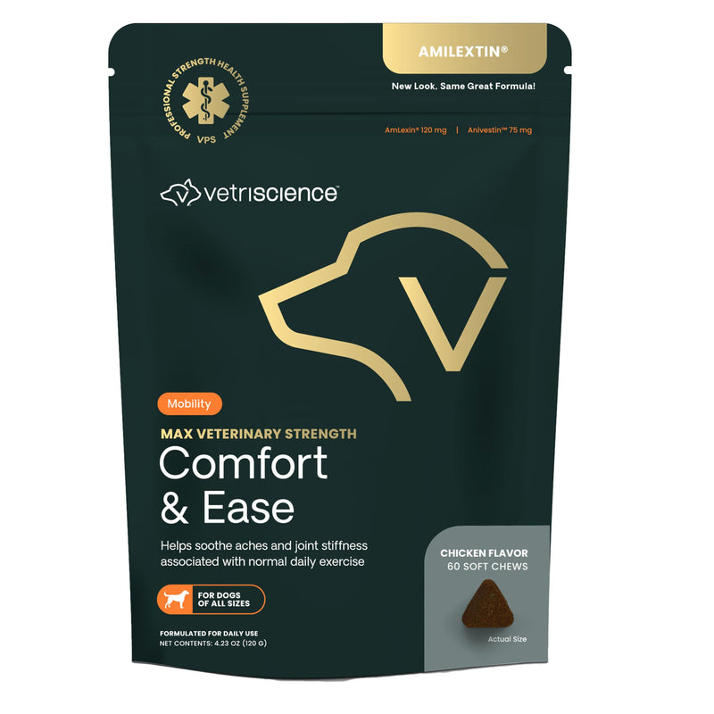 VETRISCIENCE Max Veterinary Strength Comfort & Ease Chews - Dog Comfort & Mobility Supplement for Canine Joint Relief - Clinically Proven Ingredients - Chicken Flavor - 60 Count