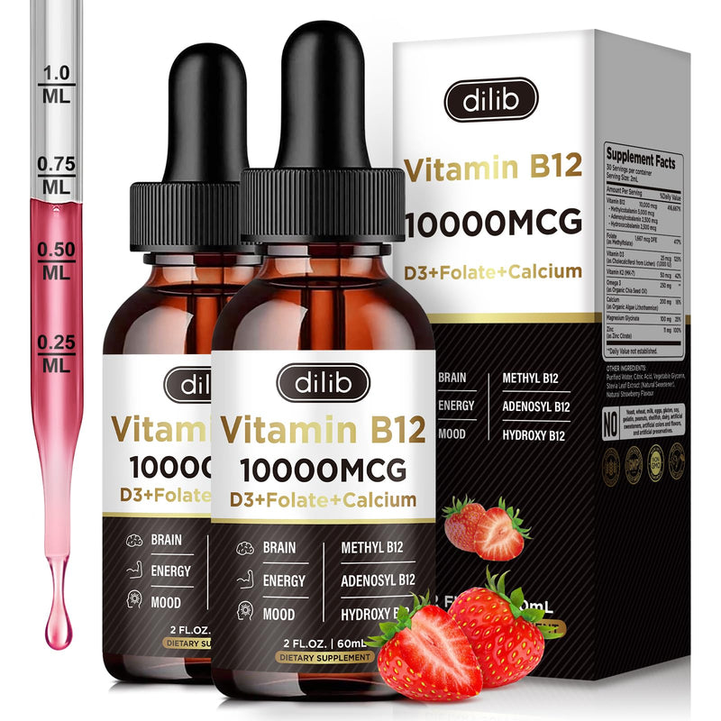 Vitamin B12 Liquid Drops Sublingual 10000 mcg, Triple B-12 Complex Supplement, Methyl & Methylcobalamin Blend for Women & Men, Mood & Energy Booster, Metabolism & Health Support, 2 Pack Strawberry 2 Fl Oz (Pack of 2)