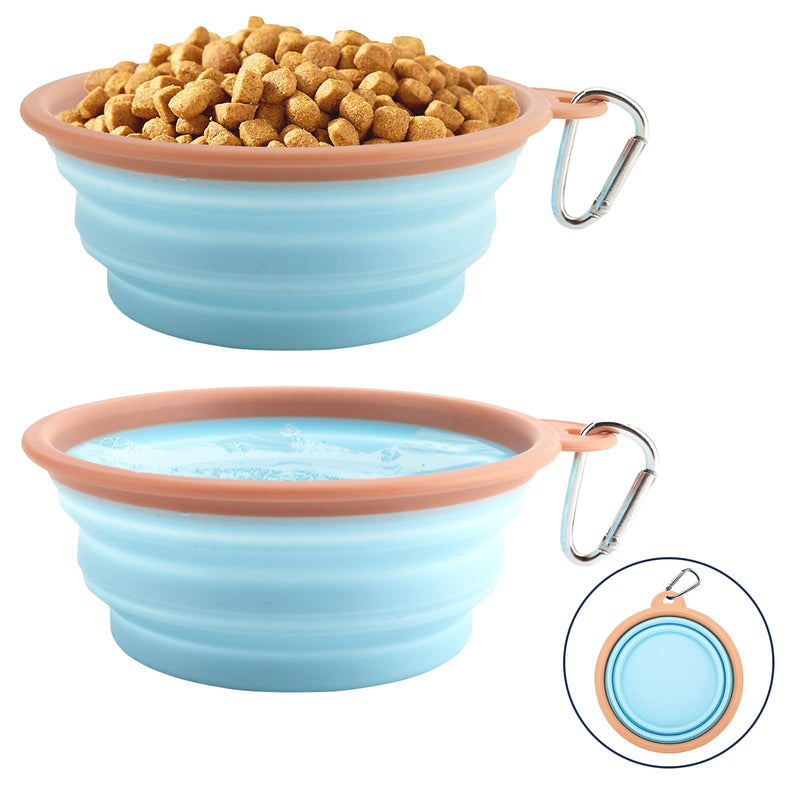 Collapsible Dog Bowls for Travel Portable Pet Food Water Bowl Foldable Silicone Food Dish with Carabiner Clip, BPA Free, Perfect for Feeding Small Medium Dog Cat Outdoors, 2 Pack, Sky Blue, 350ML - BeesActive Australia