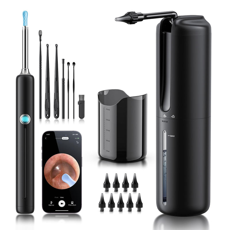 Ear Wax Removal - Electric Ear Irrigation Flushing System with 4 Pressure Modes, Ear Cleaner with Camera, 1080P Otoscope, Ear Cleaning Tool with 7 Pcs Ear Set, Safe and Effective Earwax Removal Kit Black