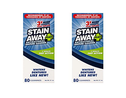 Stain Away Plus Antibacterial Denture Cleanser, 3X More Powerful Than Tablets, Whitens Dentures Like New, 5 Minute Fast Action, Clean Mint Taste, 80 Cleanings, 8.1 oz (Pack of 2) 8.1 Ounce (Pack of 2)