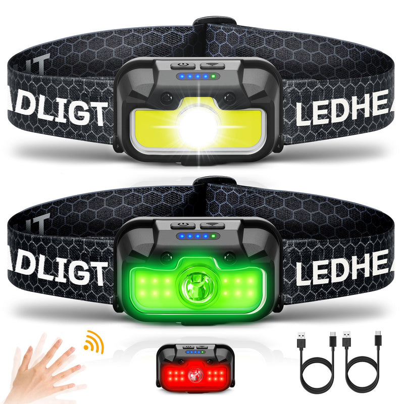 Headlamp Rechargeable 2 Pack, 1300 Lumen Ultra-Bright Head Lamp with Red Light, Waterproof Motion Sensor Head Lights for Forehead with White Green, 14 Modes Adjustable Headlight for Camping Cool Black 2 Packs