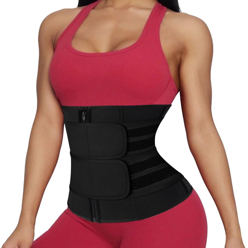 SHAPERIN Double Belt Waist Trainer for Women Neoprene Sweat Fitness Waist Cincher Body Shaper for Weight Loss Medium Black