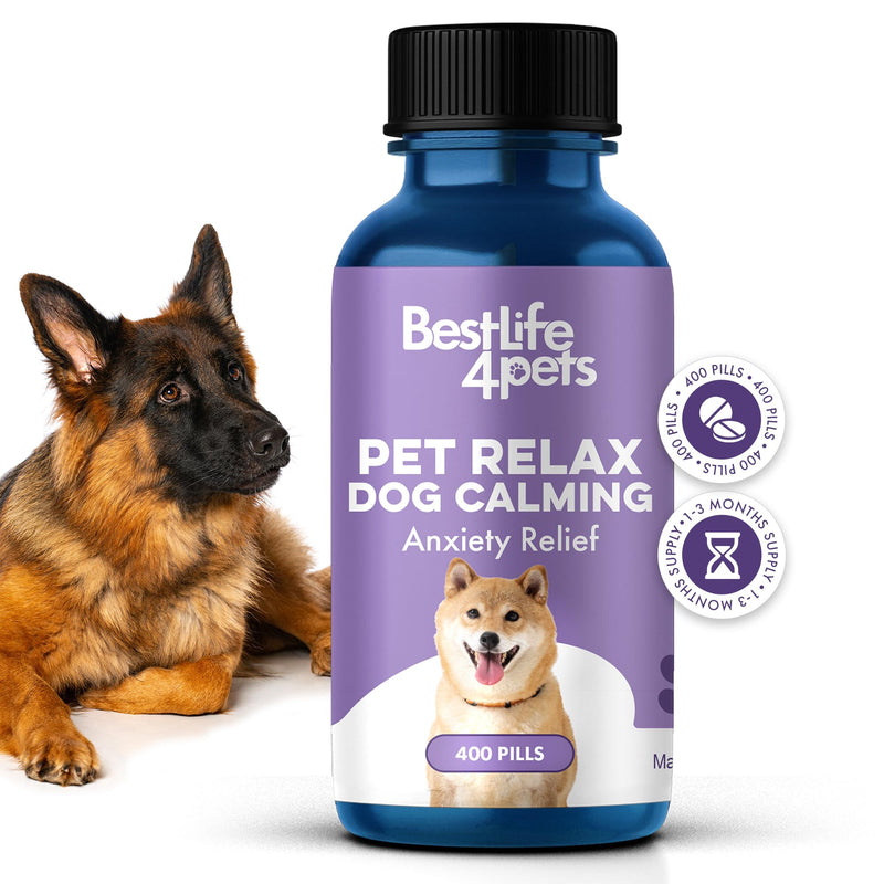 Pet Relax Dog Calming Anxiety Relief, Long-Lasting Dog Relaxants for Stress Relief, Natural Solution for Separation Anxiety, Travel, Thunderstorms, and Fireworks, 400 Odorless, Tasteless Pills Dog - 400 Pills - PawsPlanet Australia