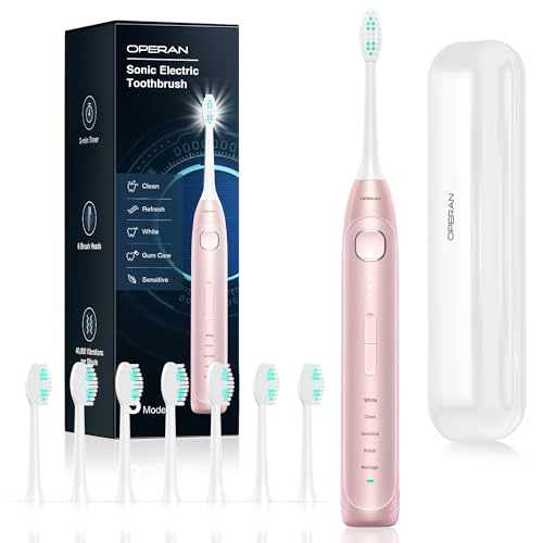 Operan Electric Toothbrush for Adults and Kids Rechargeable Sonic Toothbrush with 5 Modes 2-Min Smart Timer IPX7 Waterproof 40,000 VPM Motor with 8 Brush Heads & Travel Case (Pink, 1Pack) Pink