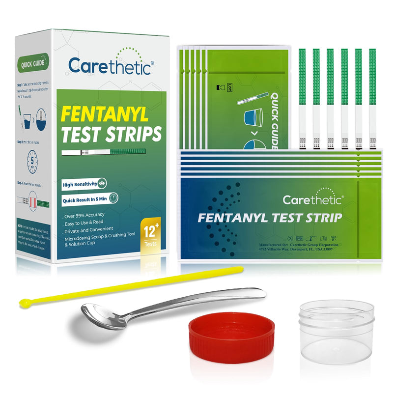 [12 Pack] Carethetic Fentanyl Test Strips Kit - Rapid Drug Testing for Pills, Powder, Liquid with Micro Scoop, Crusher & Specimen Cup