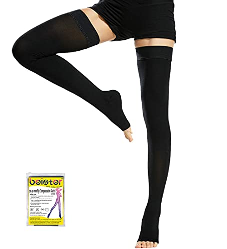 Beister 1 Pair Medical Open Toe Thigh High Compression Stockings with Silicone Band for Women & Men, Firm 20-30 mmHg Graduated Support for Varicose Veins, Edema, Flight. 4XL Black