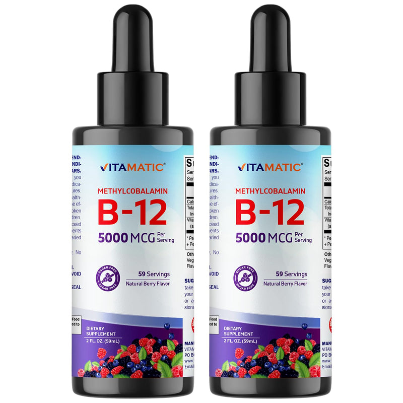 Vitamatic 2 Packs Fast Acting Liquid Vitamin B12 5000 mcg (Methylcobalamin) - Natural Berry Flavor - Sublingual Supplement - Faster Absorption - 2 OZ
