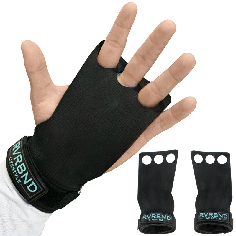RVRBND Lifestyle 3 Hole Rubber Carbon Hand Grips for Crossfit, Gymnastics, Lifting, Pull Up with Velcro Wrist Strap & Foam Pad, Smooth Hand Protection Large
